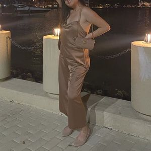Abercrombie & Fitch Champagne Satin Flowy Neckline Romper